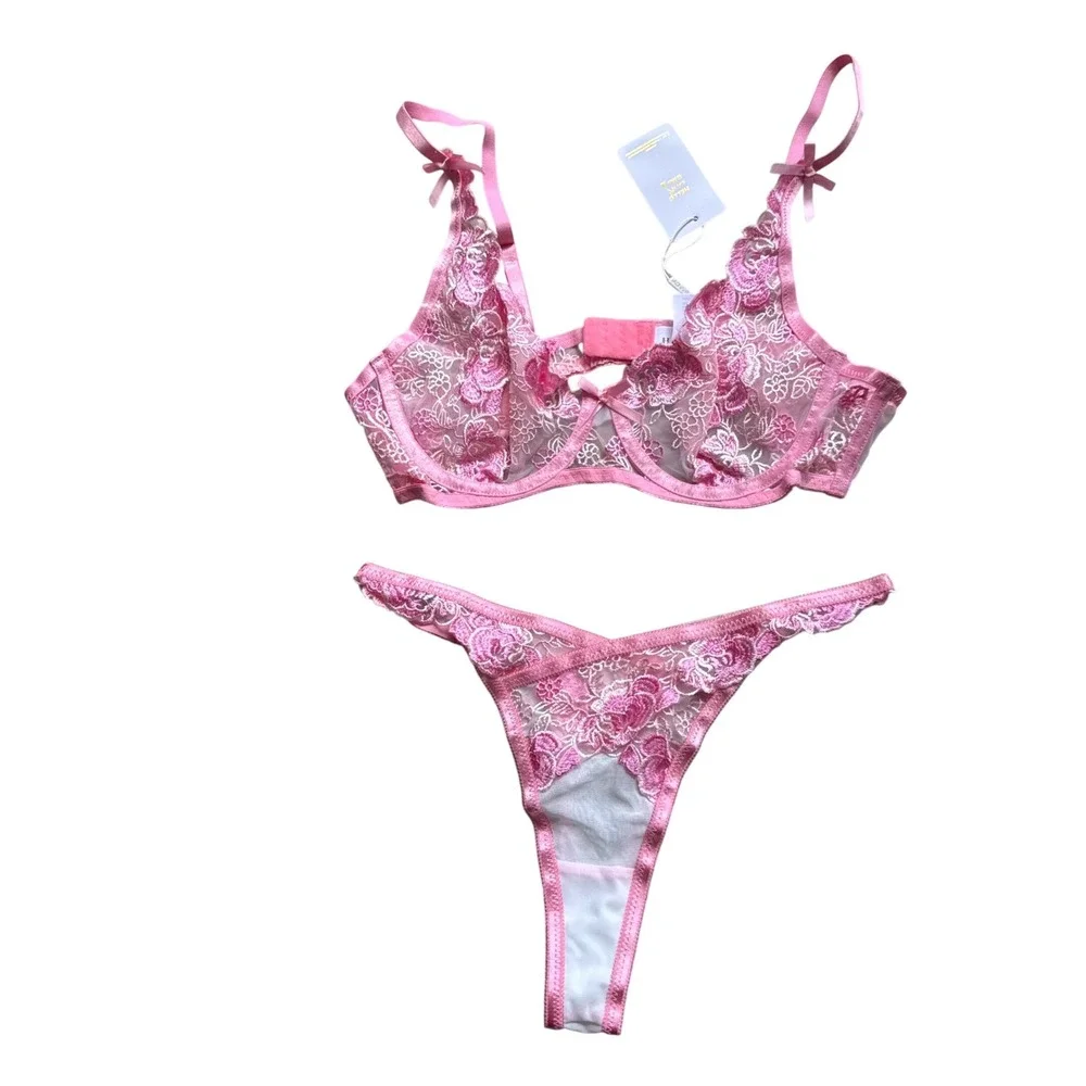 Pink Floral Lingerie Set Lg Romantic coquette sexy Embroidered Bra Thong NEW